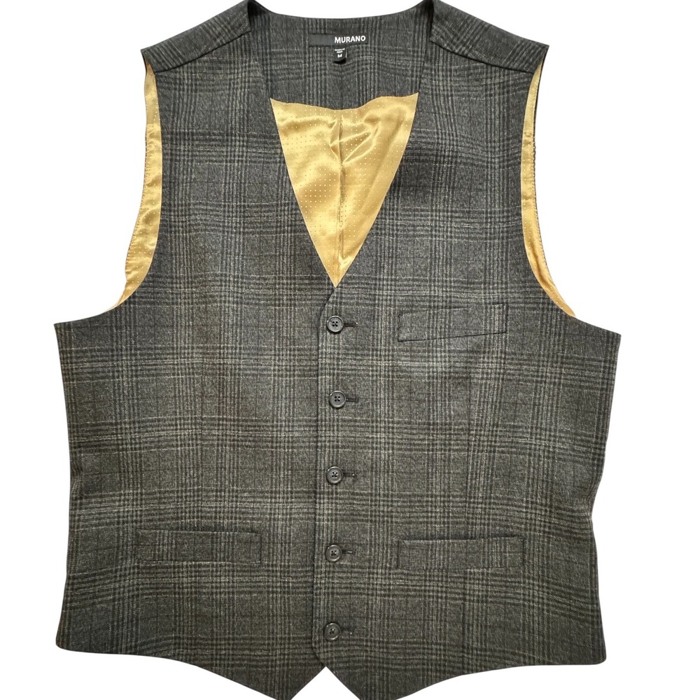 Murano Mens Glen Plaid Suit Vest Charcoal Grey Gold Lining Size M Waistcoat